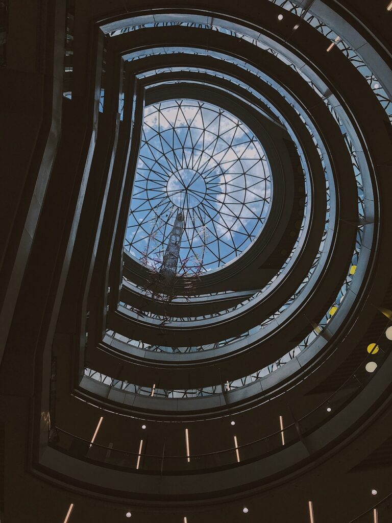 building, ceiling, structure, dome, glass, shape, architecture, nature, sky