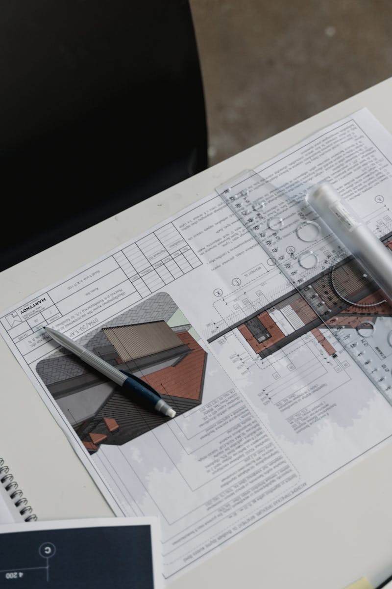 Top view of architectural blueprints and drafting tools on a workspace desk.